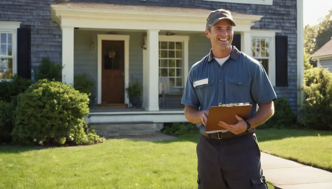 Homeowner talking with a pest control provider at the front of a house in Meriden